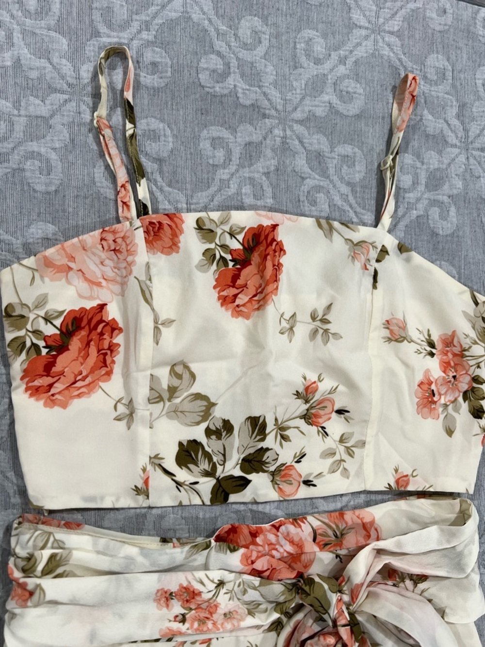 SHEIN Cream Midi Dress with Coral Floral Print and Waist Tie- 2 Piece Set - Picture 3 of 7